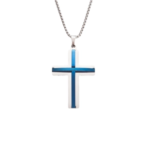 Collana con croce in acciaio inossidabile argento con inserto blu e catena veneziana