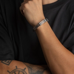 Industrial style stainless steel braided wire cable bracelet for men in silver finish