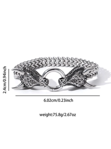 Detailed view of silver viking wolf head bracelet with weight and size measurements