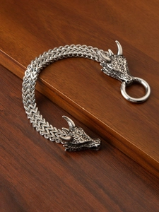 Detailed close-up of viking wolf head bracelet with intricate metal scales and ring clasp