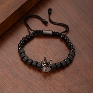 Stainless Steel Crown Charm Beaded Bracelet For Men Adjustable Braided Rope Zircon Inlay Fashion Minimalist Jewelry