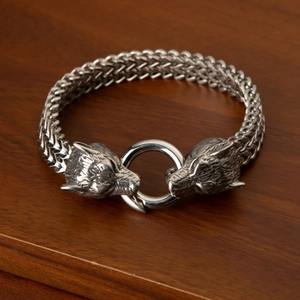 Vintage Viking wolf head bracelet in stainless steel with woven metal chain for men