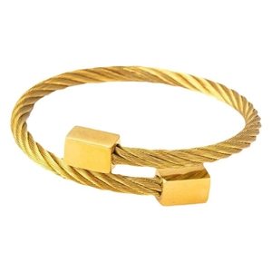 Gold stainless steel twisted cable bangle featuring a layered design with square end caps