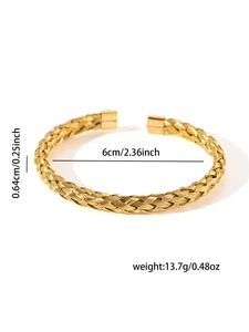 Detailed size view of gold woven cuff bracelet showing 6cm diameter and 0.64cm width