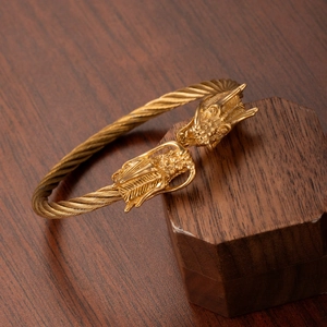 18K gold plated dragon head cuff bracelet with twisted cable wire design for men