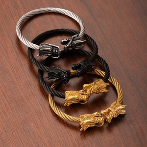 Retro punk double dragon head cable bracelets in silver, black and gold steel