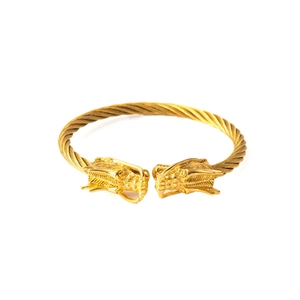 Punk style 18k gold plated stainless steel cable bracelet with dual dragon head design