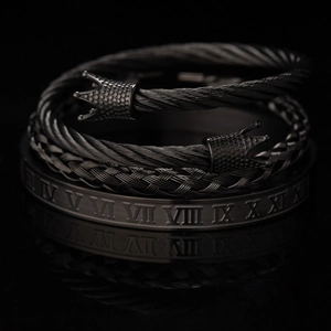3-piece men's punk jewelry set with steel wire crown bracelets and Roman numeral cuff