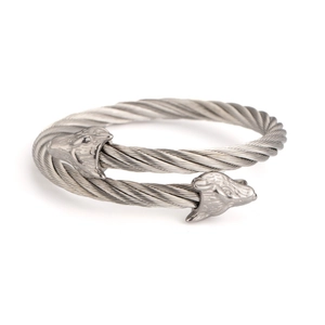 Punk style stainless steel cable bracelet with wolf head carvings in a vintage silver finish