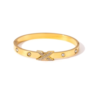 Bracelet jonc en acier doré 18 carats avec motif X serti de cristaux brillants