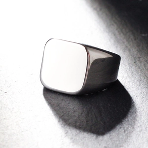 Polished silver square signet ring for men in minimalist stainless steel design
