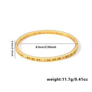 Polished 18k gold plated titanium steel roman numeral bangle with sparkling cubic zirconia
