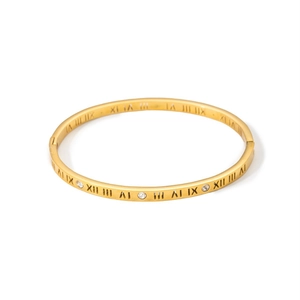 Polished 18k gold plated titanium steel bangle with Roman numerals and sparkling zircons