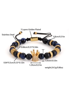 Detail view of crown bead bracelet with blue tiger eye stones and adjustable cord