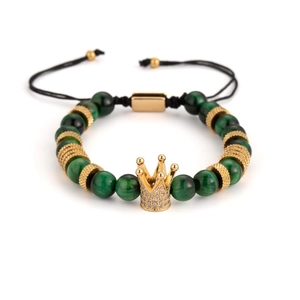Men Beaded Bracelet Natural Tiger Eye Stone Adjustable Braided Rope Stainless Steel Crown Micro Pave Zircon Vintage