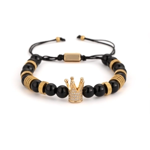 Adjustable black agate beaded bracelet with gold crown charm and micro-pave zircons
