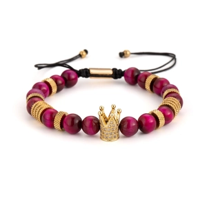 Braided crown bracelet featuring purple tiger eye beads and gold-plated leopard head charm
