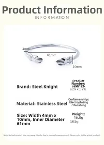 Detailed dimensions of silver stainless steel hug hands open cuff bracelet