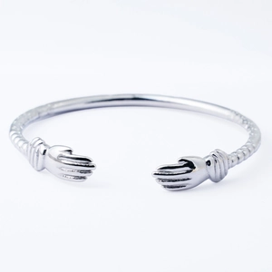 Minimalist silver hug open cuff bracelet in stainless steel with hand design