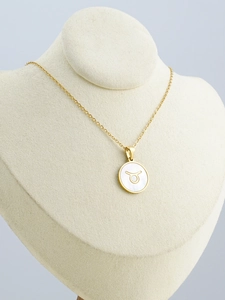 Close-up of Taurus zodiac sign necklace with white shell inlay on jewelry display