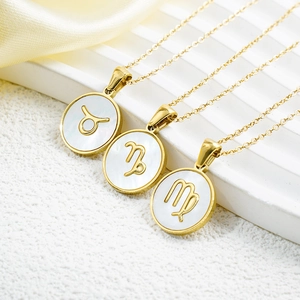 18K Gold Plated Stainless Steel Shell Zodiac Pendant Necklace For Women Simple Round Mother Of Pearl Constellation Jewelry
