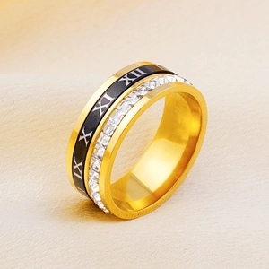 Anello girevole in titanio dorato con numeri romani e zirconi incastonati
