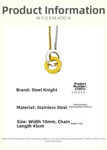 Detail of 18k gold-plated interlocking rings pendant with size and material specs