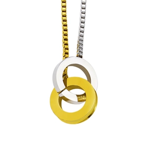 Interlocking silver and 18k gold circles pendant on layered box chains for women