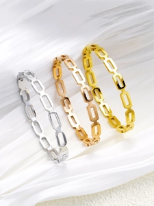 Three-piece set of hollow rectangular chain bracelets in gold, silver, and rose gold finishes