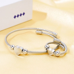 Heart Charm Bangle And Ring Stainless Steel Twisted Cable Wire Open Adjustable 18K Gold Plated Elegant Jewelry Women