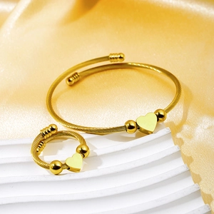 Minimalist 18k gold plated stainless steel cable bracelet and heart ring jewelry set