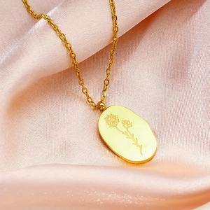 Collier Fleur De Naissance Acier Inoxydable Plaqué Or 18K Pendentif Ovale Gravé Bijoux De Mois Minimaliste Pour Femme