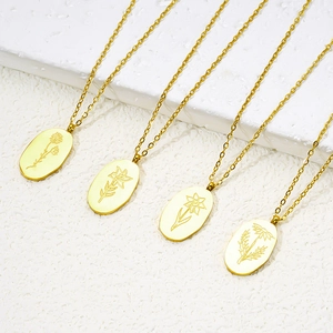 Colliers minimalistes en acier plaqué or 18k avec pendentifs ovales à motifs floraux