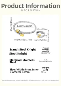 Detailed view of two-tone twisted cable steel wire bracelet and ring with dimensions