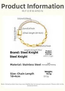 Detail of stainless steel bracelet with zircon stone, padlock charm, and dimensions