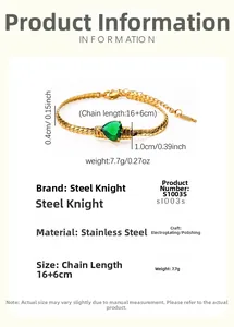 Détail du bracelet cœur doré avec zircon vert et dimensions en acier inoxydable