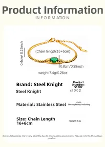 Vue détaillée du bracelet en acier doré avec zircon vert et spécifications techniques