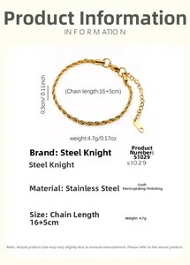Size specifications of 18k gold plated stainless steel twist rope chain bracelet
