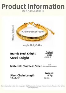 Detailed size specifications for a gold-plated stainless steel snake chain bracelet