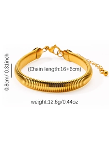 Detail showing 8mm wide gold plated stainless steel snake chain bracelet with size labels