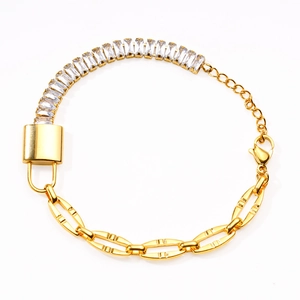 Asymmetric stainless steel gold bracelet with zircon chain and padlock charm