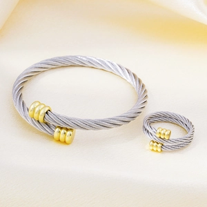 Two-tone twisted cable jewelry set with open bangle and matching adjustable ring