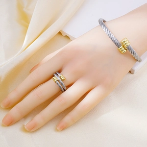 Two-tone cable wire wrap cuff bracelet and adjustable open ring set in stainless steel