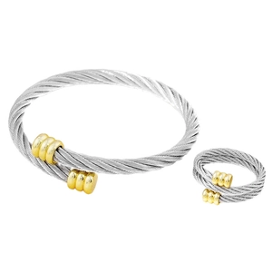 Two-tone steel cable jewelry set with open bangle and adjustable matching ring