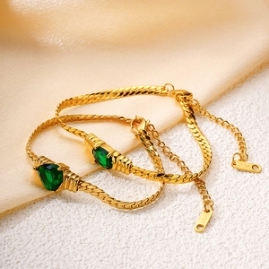 Bracelet En Acier Inoxydable Femme Plaqué Or Chaîne Serpent Zircon Vert Cœur Ovale Pierre Ajustable Bijou Vintage