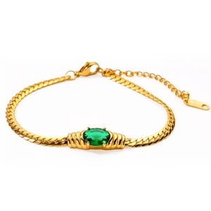 Bracelet élégant plaqué or avec zircon ovale vert et chaîne torsadée plate raffinée
