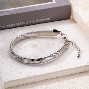 Polished silver stainless steel snake bone chain bracelet with adjustable lobster clasp