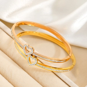 Bracelet Jonc En Acier Inoxydable Avec Cœur Et Strass Plaqué Or 18K Bijou Élégant Pour Femmes