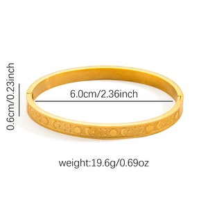Detailed view of 18k gold plated sun moon star bangle with specific size measurements