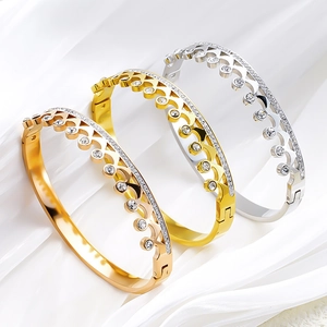 Crown Stainless Steel Bangle Zircon Inlaid Sparkling Rhinestone Bracelet Luxury Jewelry Gift For Women Elegant
